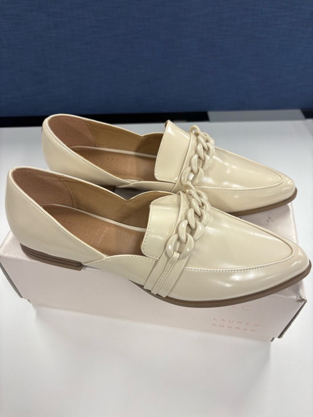 LC Lauren Conrad Patent Chain-Trim Loafers in Cream
